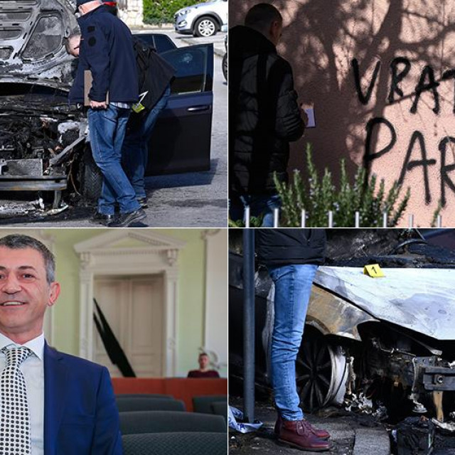 Zapaljeni automobil Milana Pernara (lijevo gore, desno dolje); Milan Pernar (lijevo dolje)